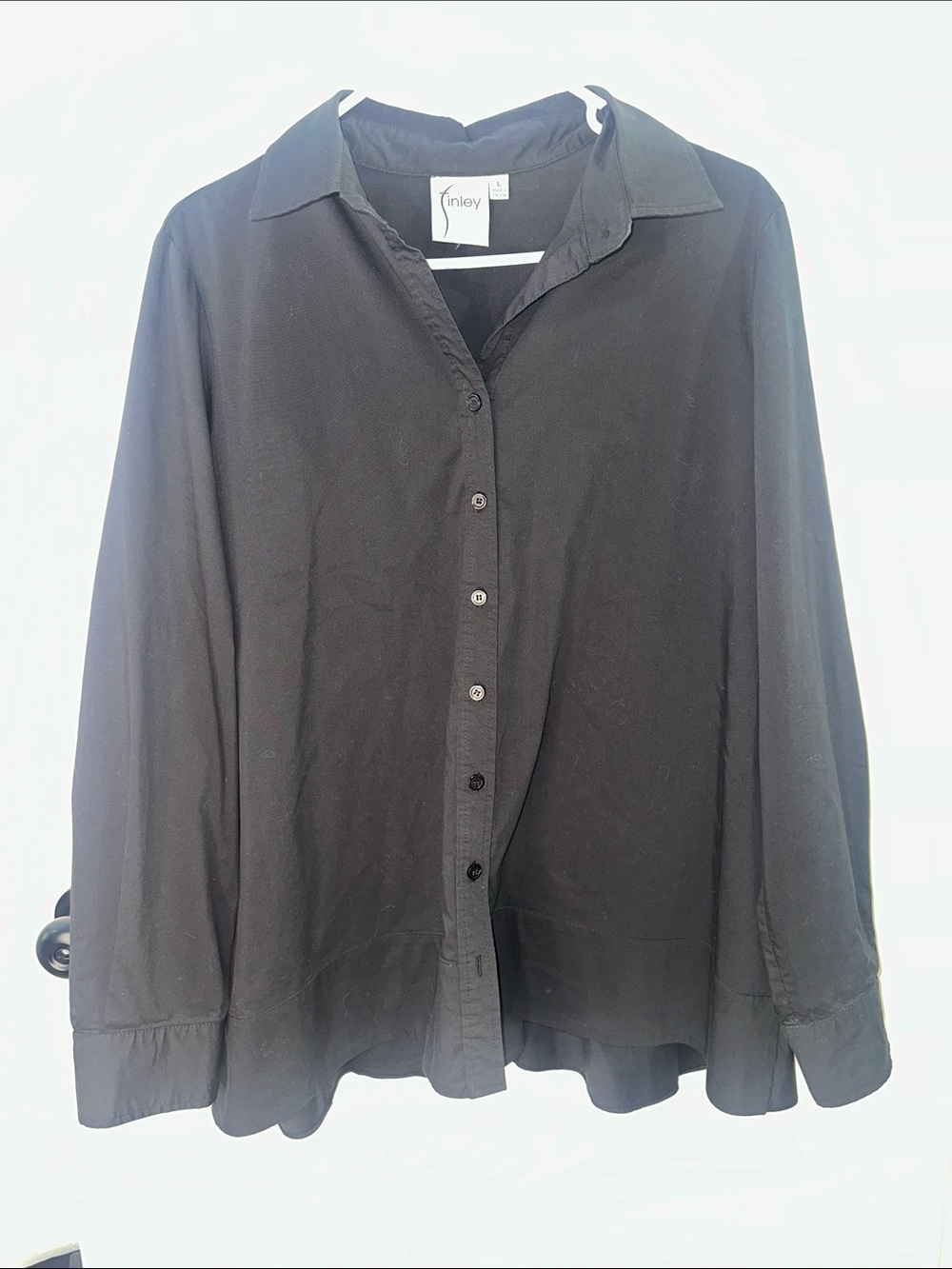Finley Black Button-Down Blouse Open Back Slit Ruffle Size L Designer Drapey